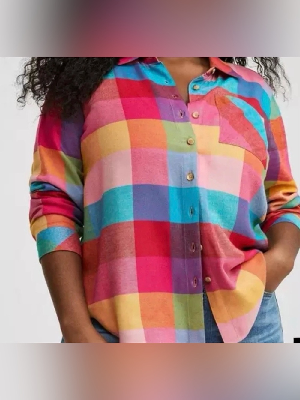 Torrid Flannel Top Womens 2X Rainbow Plaid Lizzie Colorful Bright Cozy Soft EUC